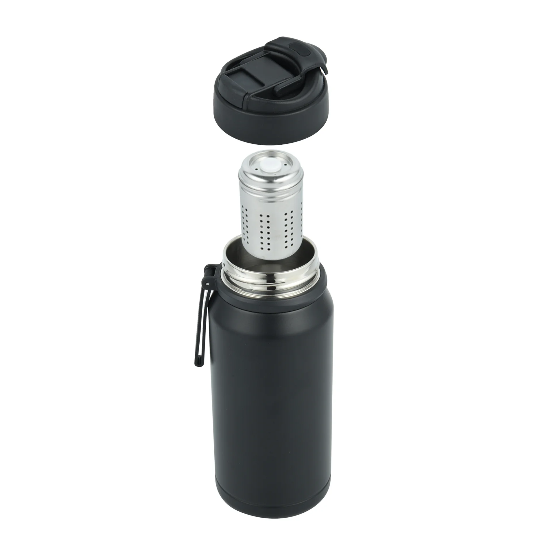 Black insulated bottle featuring a detachable strainer and secure lid for beverages, designed for portability and daily use.