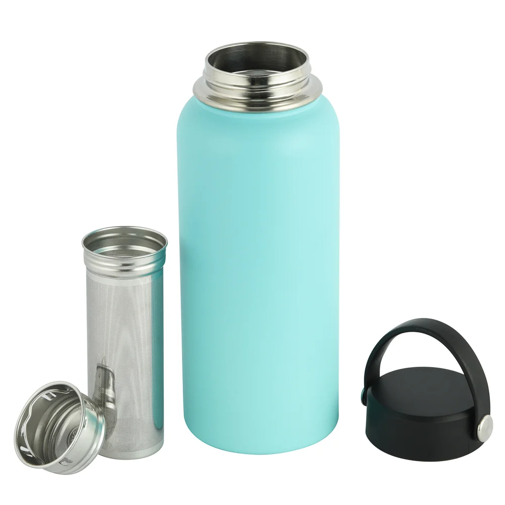 A blue stainless steel insulated bottle with a handle lid, removable strainer, and separate parts displayed.