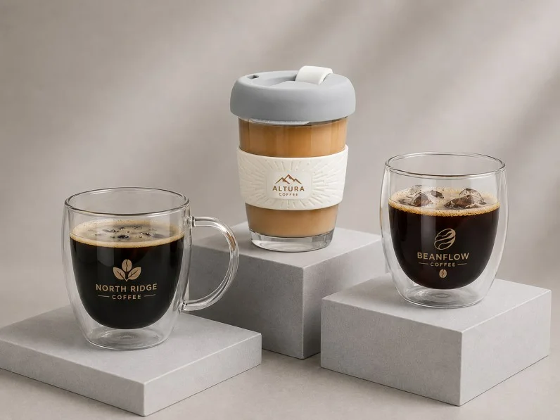 A set of coffee cups featuring a glass mug with hot coffee, a reusable cup with latte, and a glass mug with iced coffee on pedestals.