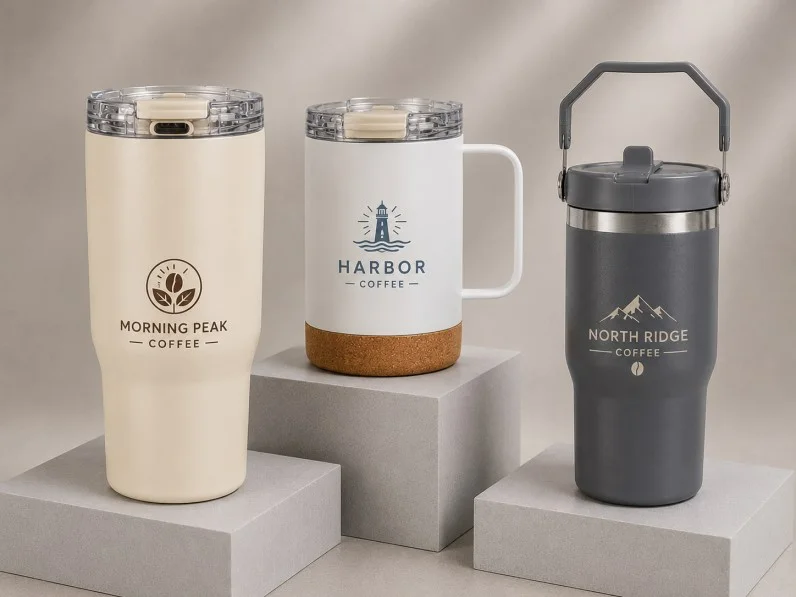 Three custom travel mugs with brand logos, including beige, white with cork base, and gray with handle, on gray pedestals.
