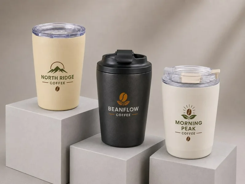 Three coffee tumblers with custom brand designs placed on gray blocks. Two beige tumblers and one black tumbler featuring logos and text designs.
