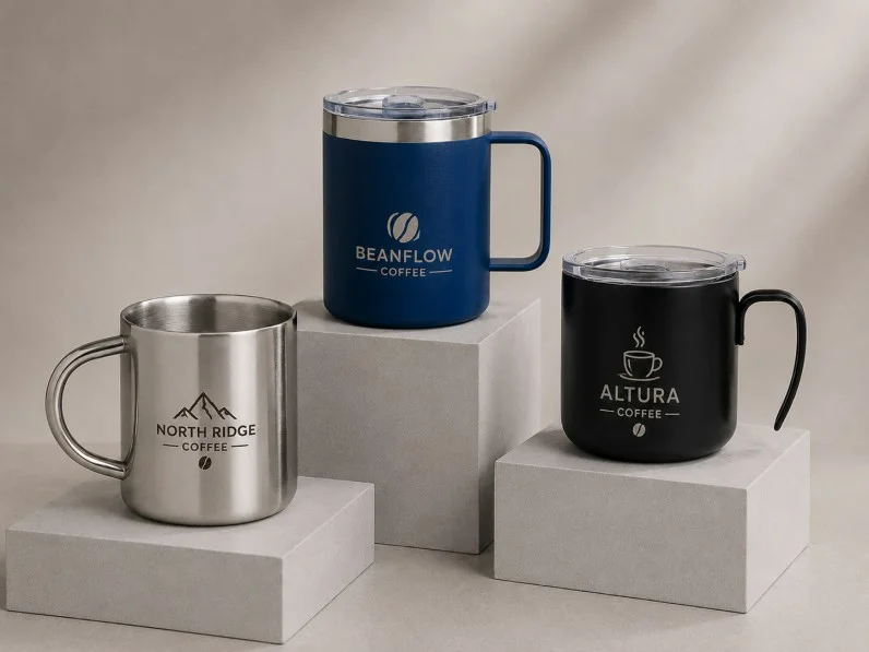 Three custom coffee mugs displayed on stone podiums, including stainless steel, blue insulated, and black insulated designs.
