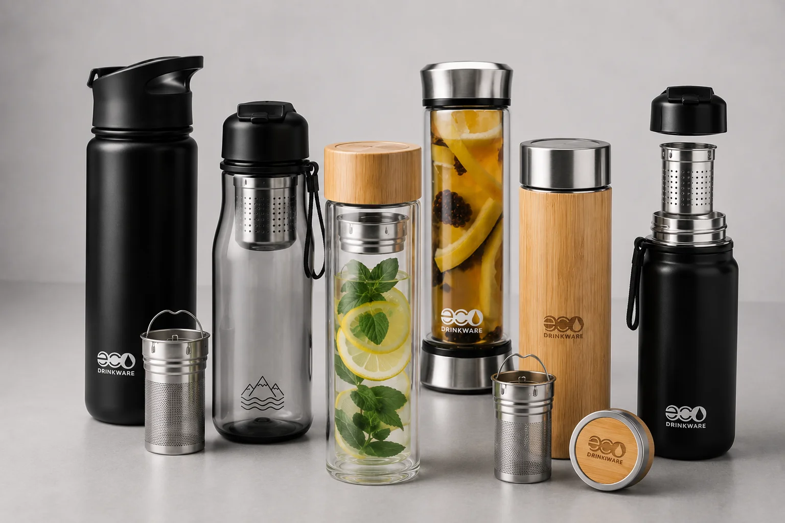 Eco-friendly tea infuser bottles made of bamboo, stainless steel, and glass, designed for hot and cold beverages.