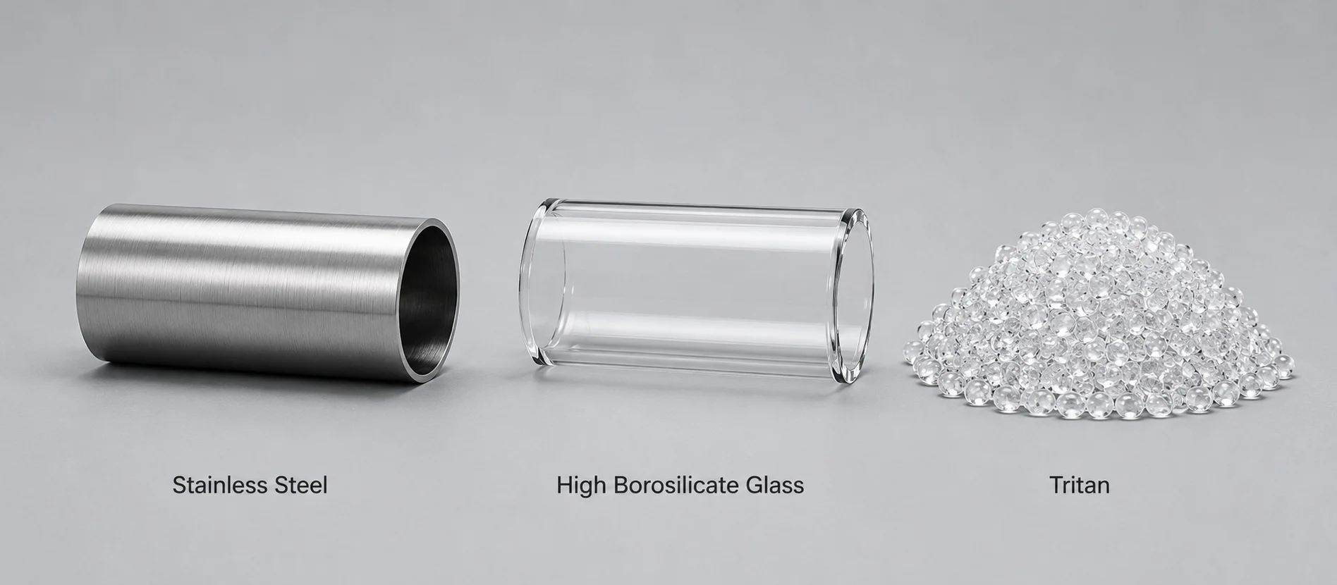 Three materials shown: stainless steel cylinder, high borosilicate glass tube, and a pile of Tritan plastic beads, on a gray background.