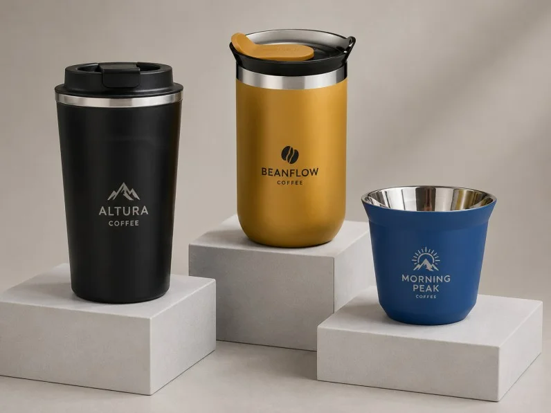 Three stainless steel coffee tumblers, black, yellow, and blue, displayed on podium-style blocks.