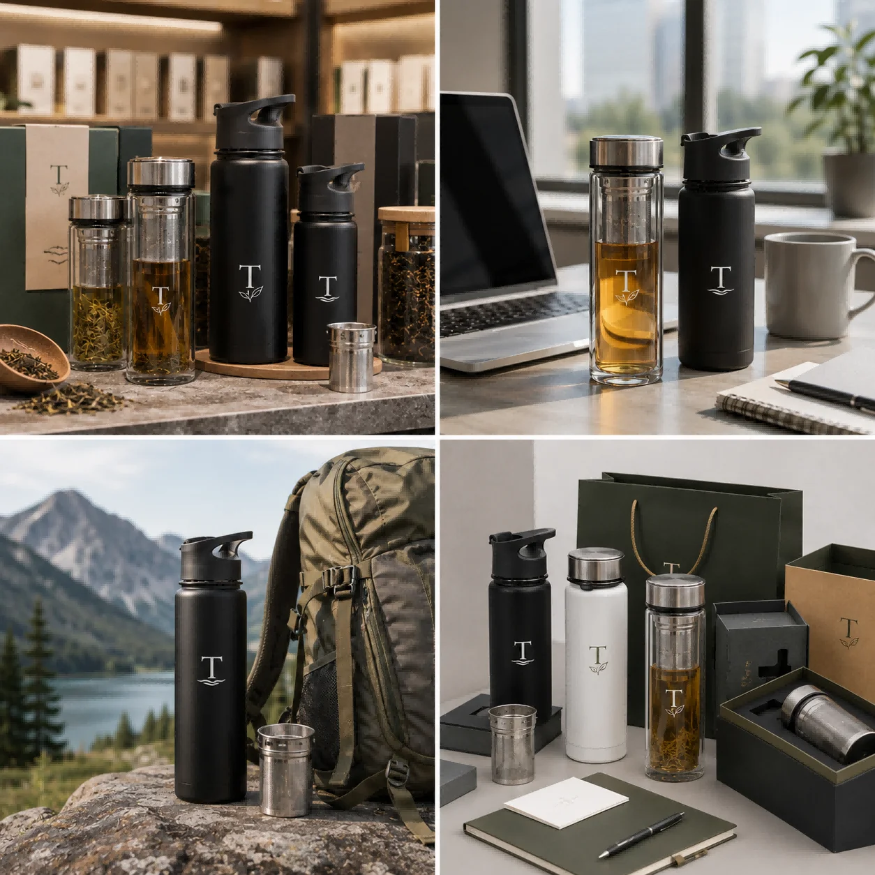 A collection of stainless steel and glass tea bottles displayed in various settings, showcasing sleek design and versatility.