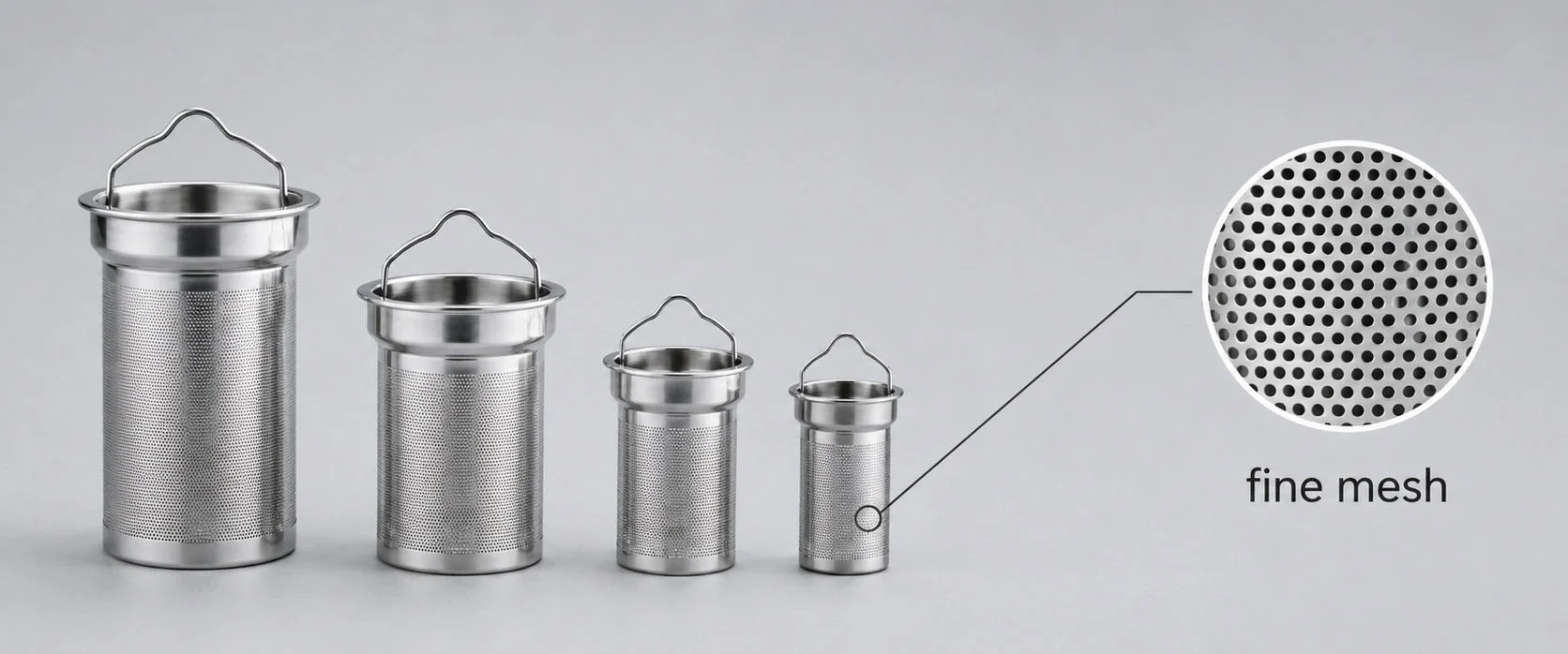 Four stainless steel tea infusers of varying sizes with fine mesh detailing and handles, highlighting the fine mesh structure.