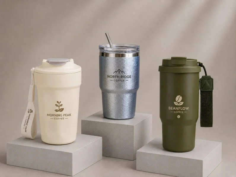 Three insulated coffee cups displayed on gray podiums, featuring Morning Peak, North Ridge, and Beanflow branding.