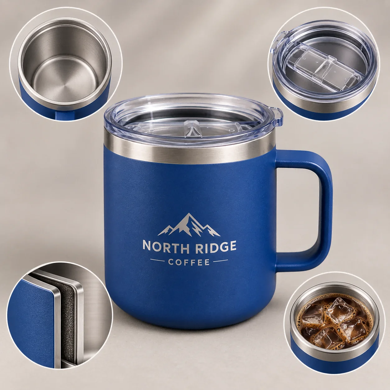Blue stainless steel coffee mug with handle, featuring a transparent lid and double-layered insulation design.