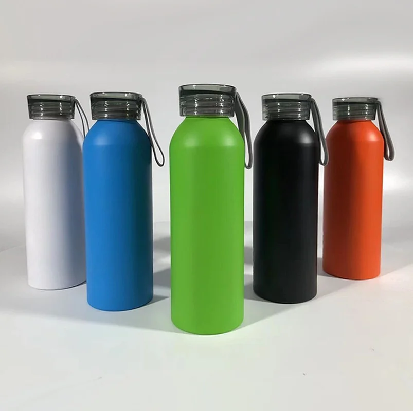 Custom 650ml aluminum water bottles in assorted colors with carry-loop lids
