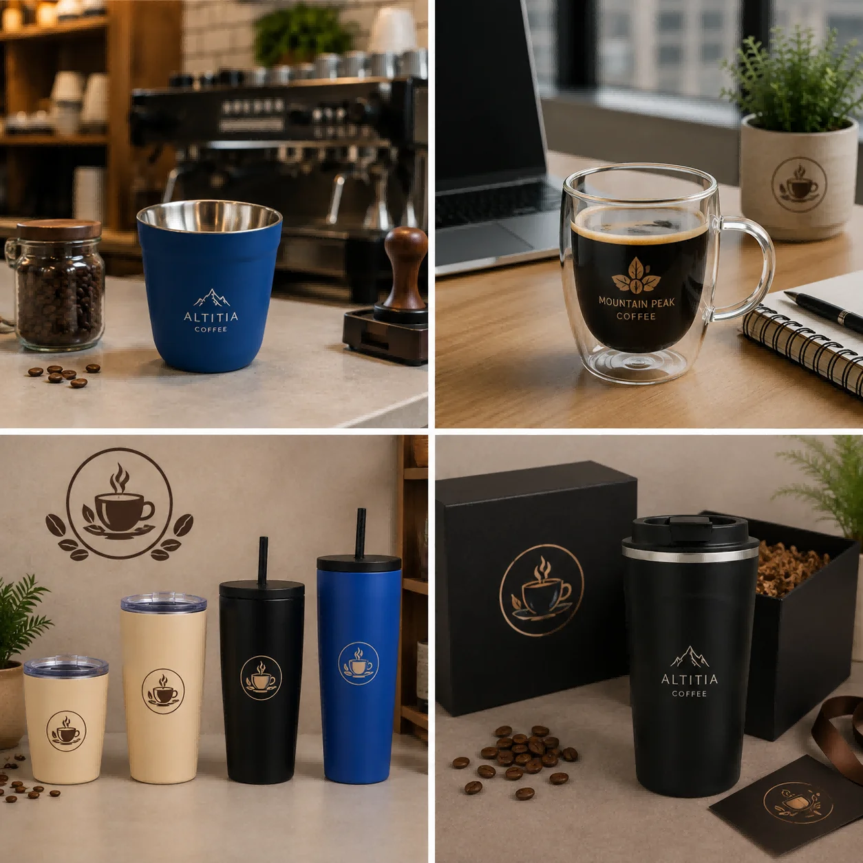 A collection of custom coffee cups and tumblers with logos, including stainless steel and glass designs, displayed in various settings.