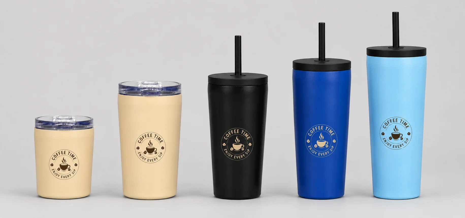 A collection of beige, black, blue, and light blue insulated tumblers with coffee time logo, featuring lid and straw.