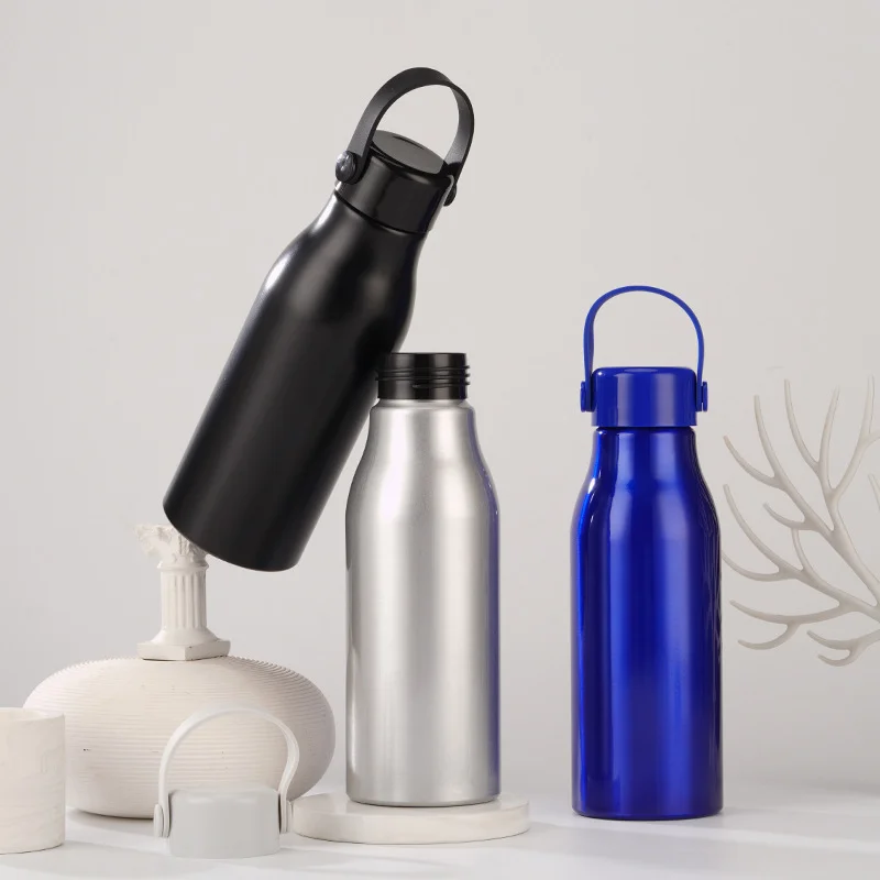 Promotional 600ml aluminum water bottles with large carry handles for outdoor programs