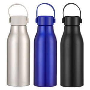 Custom 600ml aluminum water bottles in silver, blue and black with large carry handles