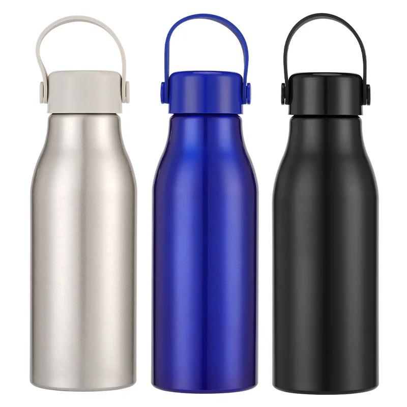 Custom 600ml aluminum water bottles in silver, blue and black with large carry handles