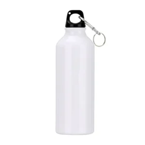 White custom aluminum water bottle with screw cap and carabiner