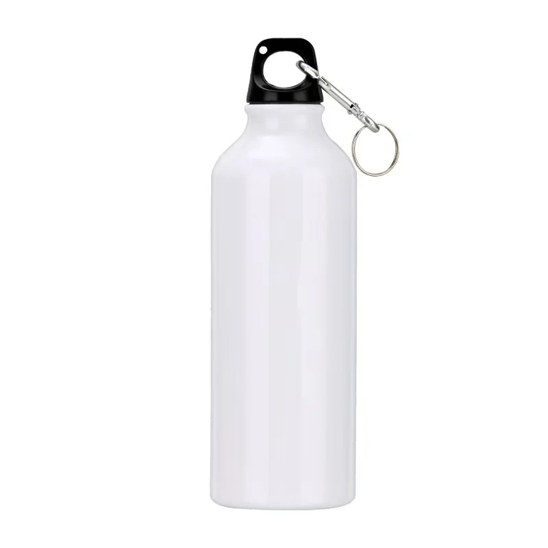 White custom aluminum water bottle with screw cap and carabiner