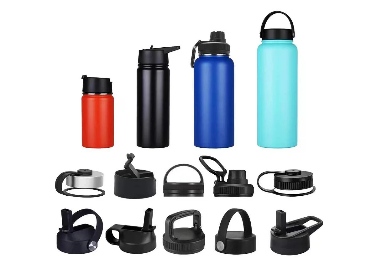 Various stainless steel water bottles in different colors with replacement lid options displayed below.
