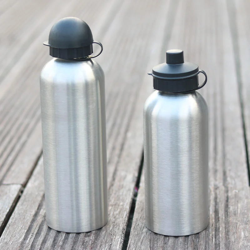 ea011-silver-aluminum-bottles-cap-options Silver aluminum water bottles with dome and hat-style cap options