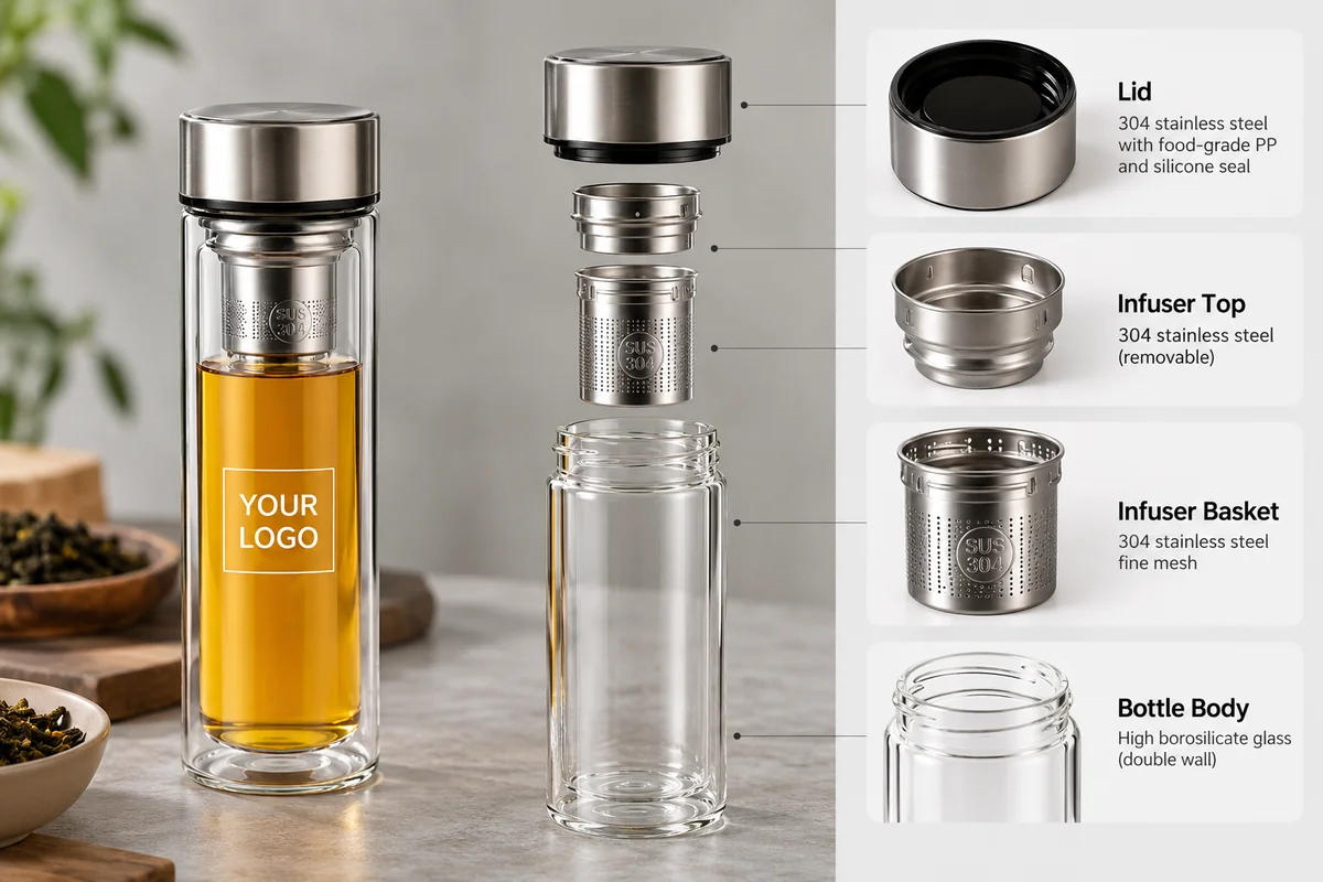 Exploded view of a glass infuser bottle showing stainless steel lid, removable two-part tea infuser and double-wall glass body