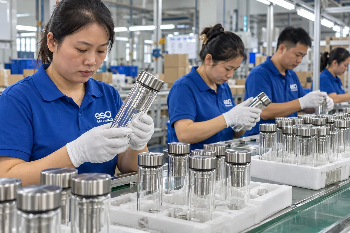 Illustrative scene of workers wearing blue Eco Drinkware shirts inspecting glass infuser bottles on a production line