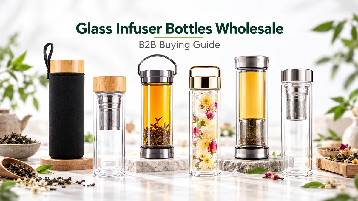 Glass infuser bottles wholesale collection featuring different sizes, tea filters and customizable lid designs