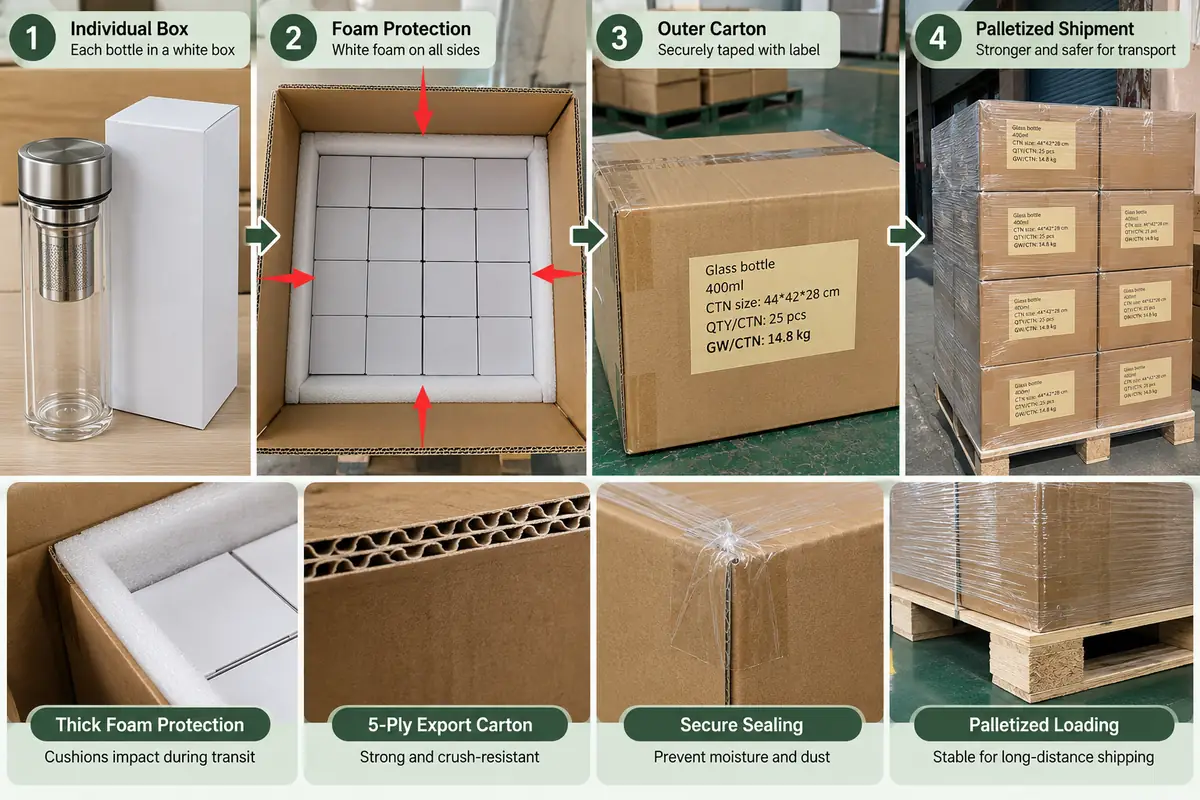 Protective packaging for wholesale glass infuser bottles showing individual boxes, foam-lined shipping cartons and stretch-wrapped pallet shipments